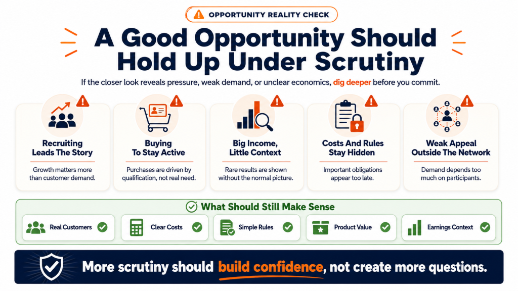 Infographic titled “A Good Opportunity Should Hold Up Under Scrutiny” showing network marketing red flags like recruiting pressure, buying to stay active, unclear income claims, hidden costs, and weak customer appeal, plus checks for real customers, clear costs, simple rules, product value, and earnings context.