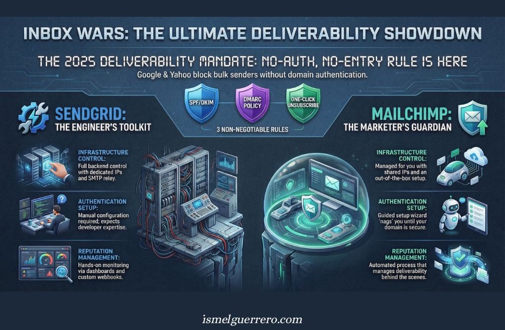 Infographic comparing SendGrid vs Mailchimp on deliverability for 2025. Covers SPF/DKIM, DMARC, unsubscribe rules, infrastructure control, authentication, and reputation management.