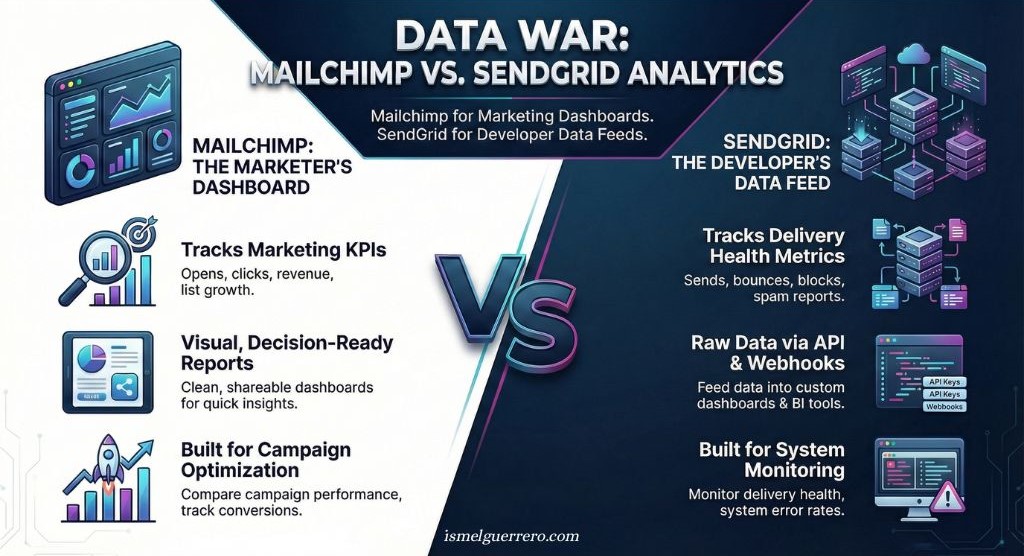 Infographic comparing Mailchimp vs SendGrid analytics. Mailchimp focuses on KPIs, visual reports, and campaign optimization. SendGrid emphasizes delivery health, API data feeds, and system monitoring.