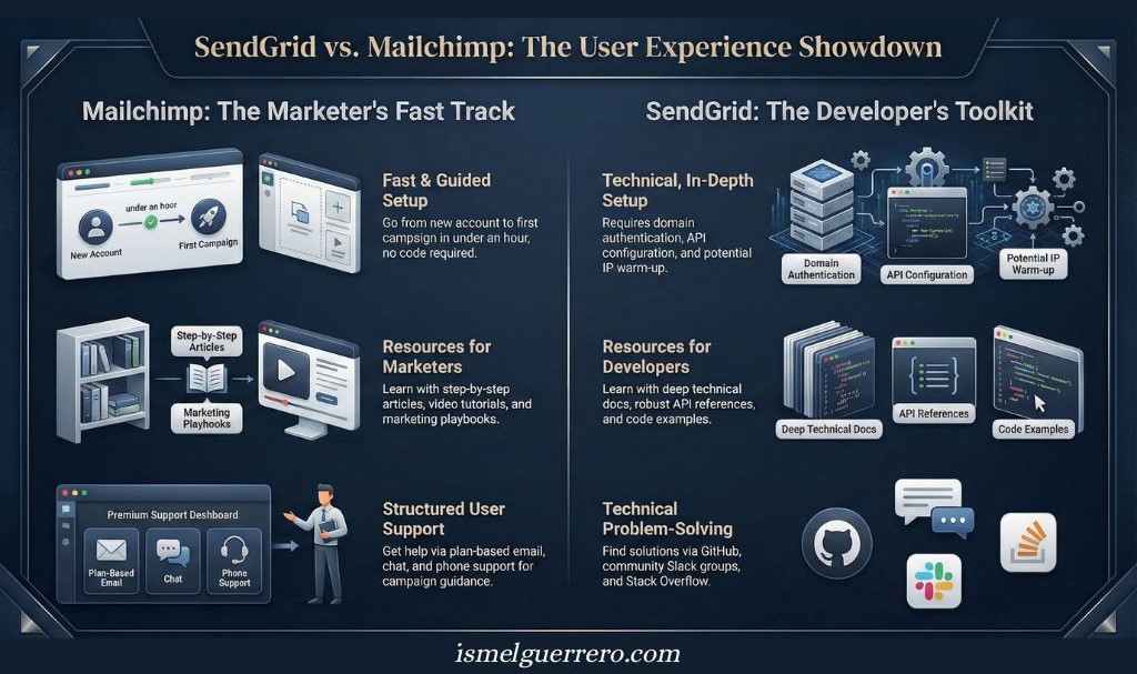 Infographic comparing Mailchimp’s easy setup and marketing resources with SendGrid’s technical setup and developer tools. Highlights support channels, documentation, and learning paths for each platform.