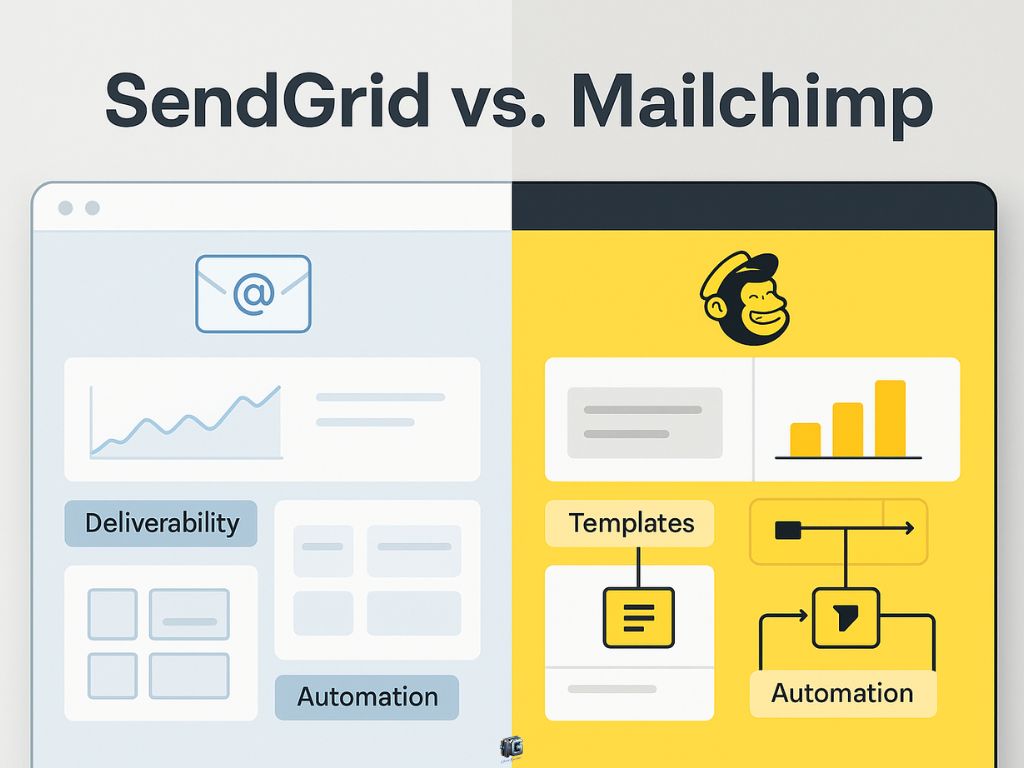 Side-by-side visual comparison of SendGrid and Mailchimp features including deliverability, templates, and automation tools.