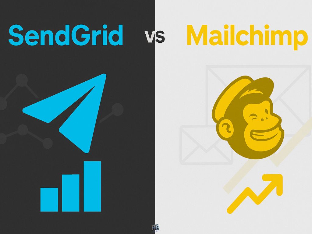 Minimalist side-by-side branding comparison of SendGrid and Mailchimp using icons and contrasting background colors.