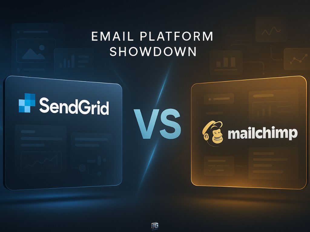 Visual comparison of SendGrid and Mailchimp email platforms with glowing panels, charts, and “Email Platform Showdown” title.