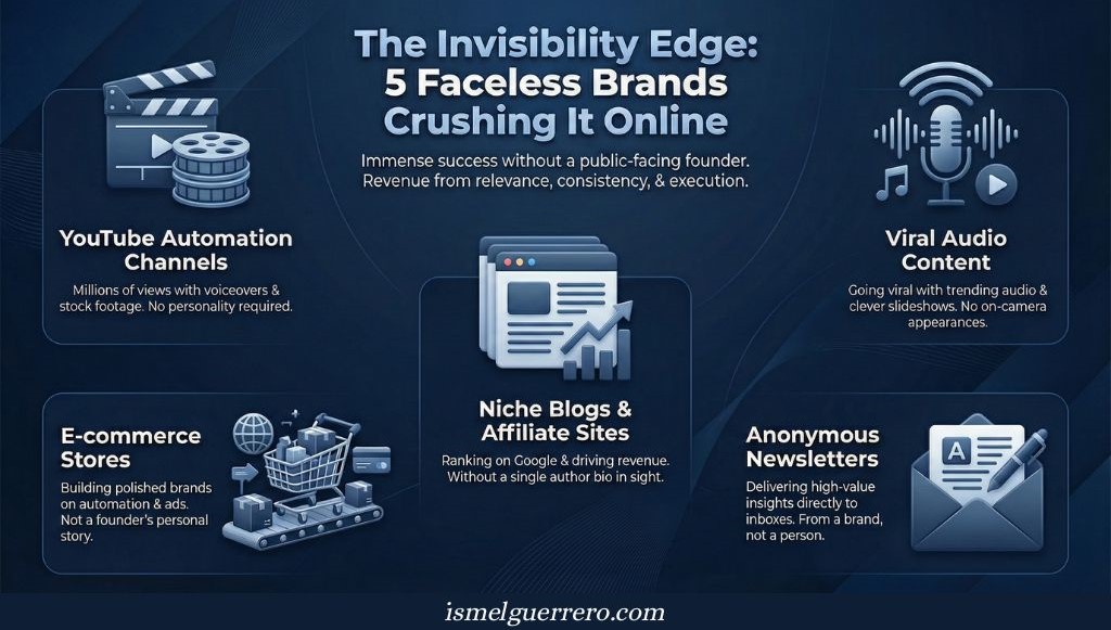 Visual breakdown of five faceless brand types: YouTube automation, affiliate blogs, audio content, eCommerce, and newsletters.