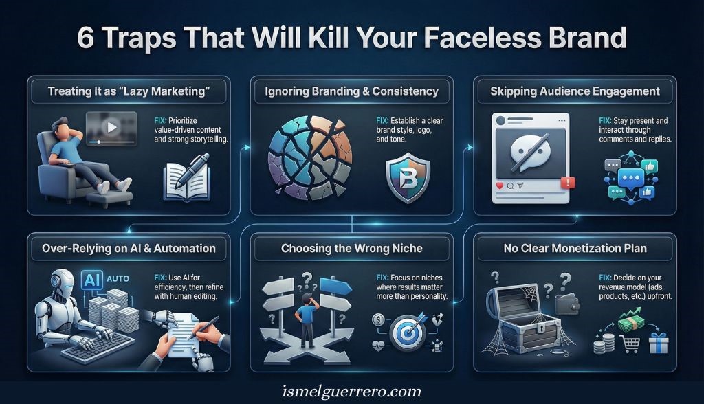 Graphic showing six pitfalls of faceless brands: lazy content, poor branding, no engagement, overuse of AI, wrong niche, and unclear monetization.