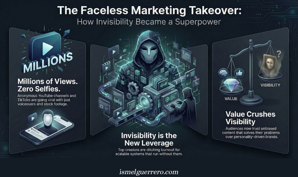 Dark-themed graphic showing faceless creators, anonymous marketing systems, and a scale comparing value vs visibility.