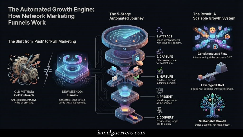 Infographic showing a 5-stage network marketing funnel and benefits like consistent leads, leveraged effort, and scalable growth.