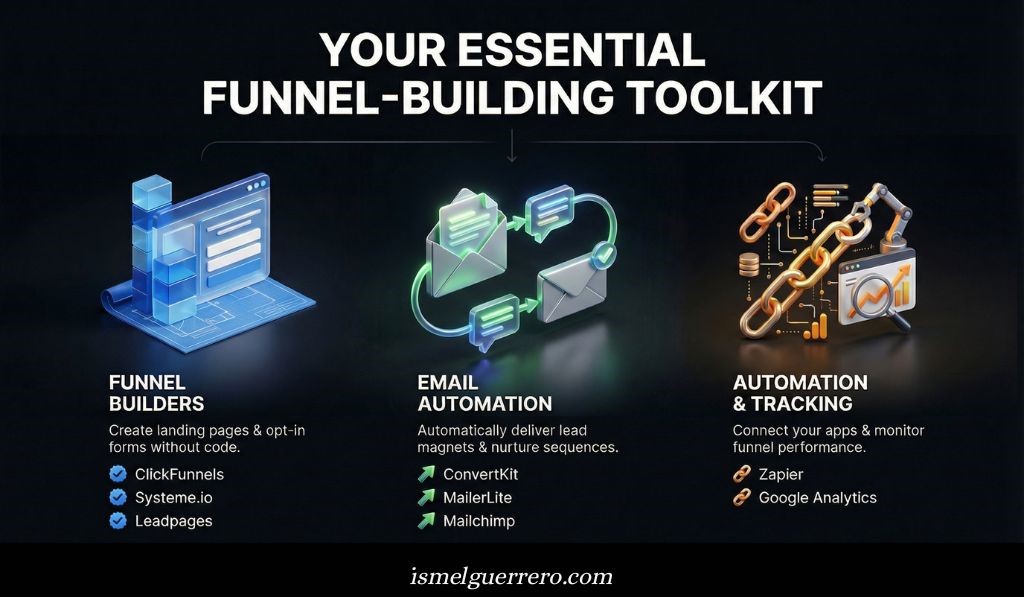 Infographic showing tools for funnel builders, email automation, and tracking: ClickFunnels, ConvertKit, MailerLite, Zapier, and more.