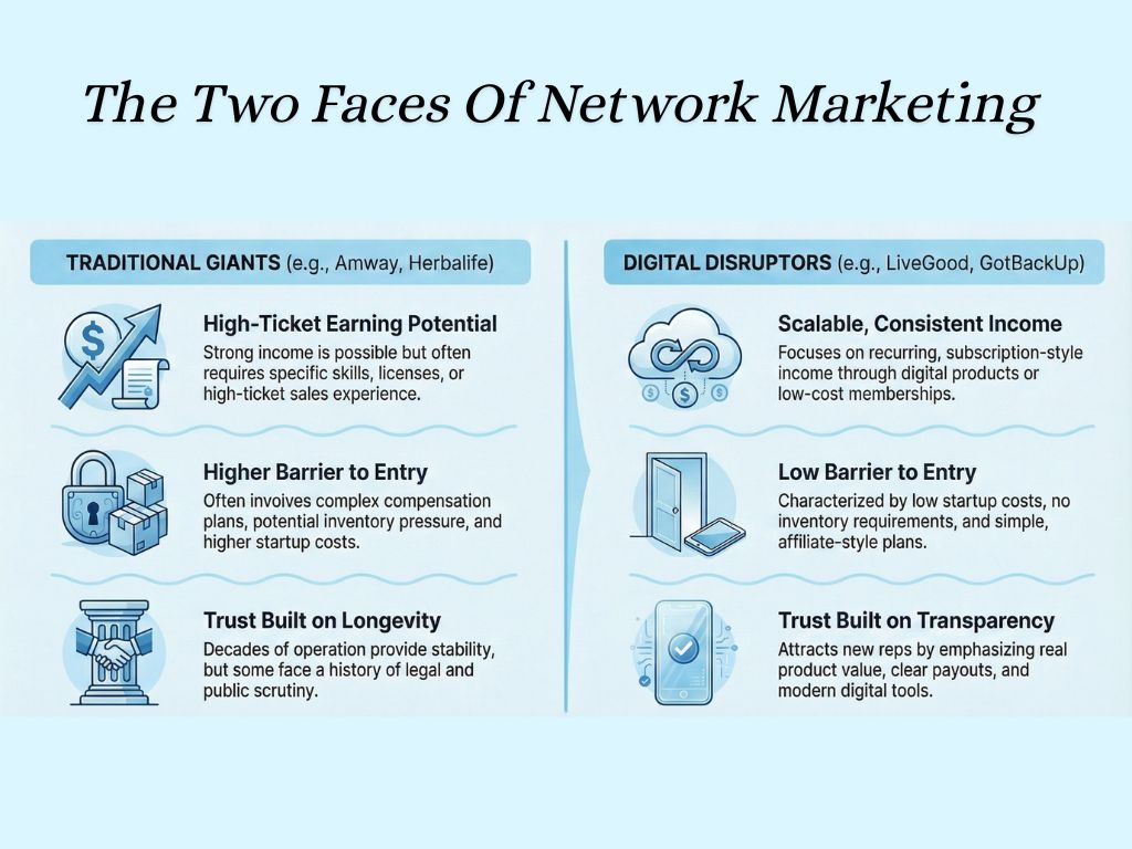 Infographic comparing traditional MLM companies and digital network marketing models on income potential, entry barriers, and trust factors.