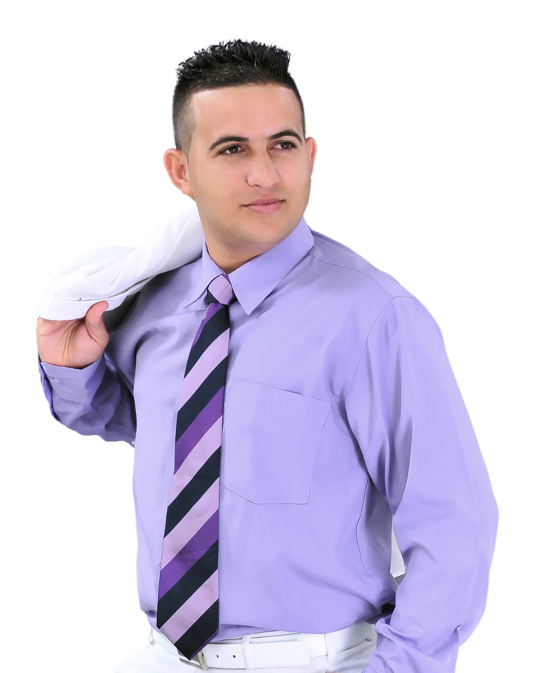 Ismel Guerrero wearing a lavender dress shirt and striped purple tie, confidently holding a white jacket over his shoulder, on a transparent background.
