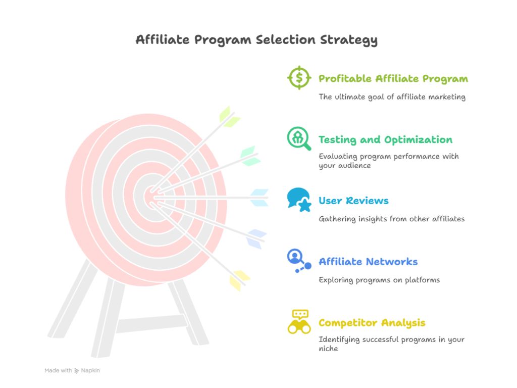 Infographic showing affiliate program selection strategy with tips like profitability, testing, user reviews, networks, and competitor analysis.