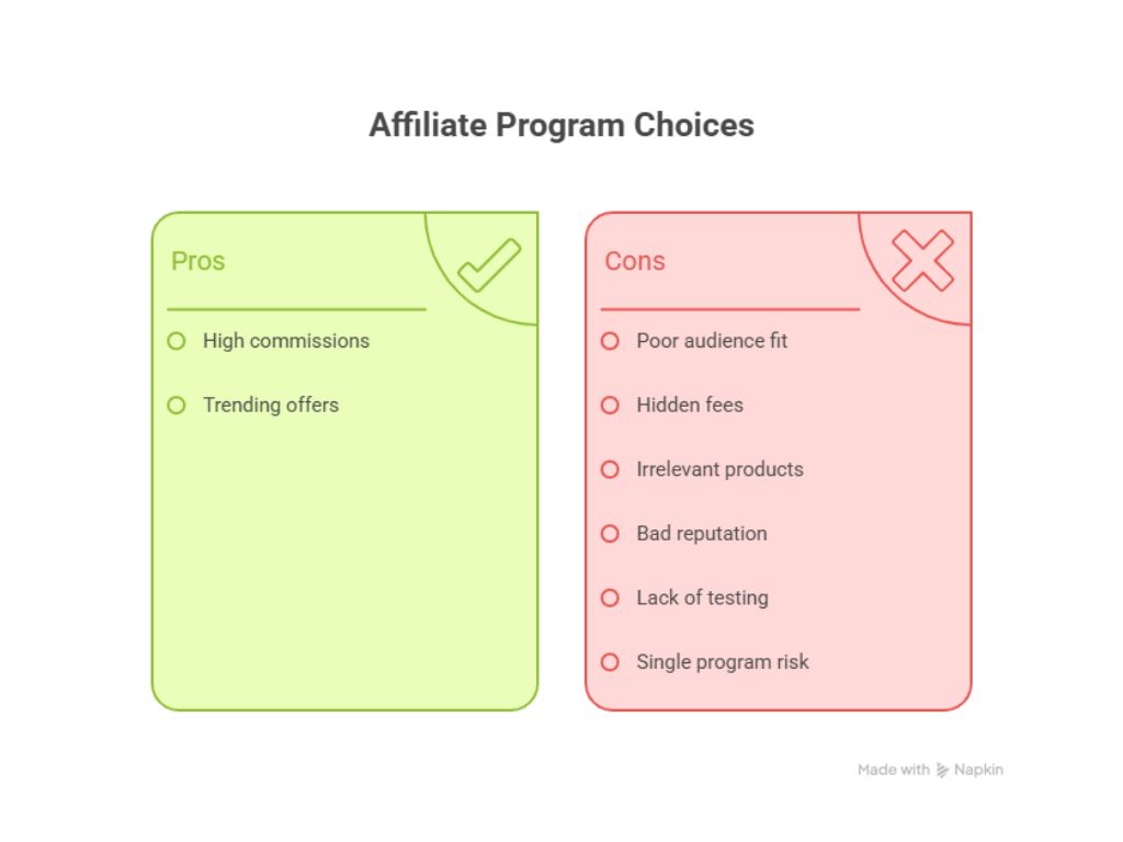 "Comparison chart showing pros and cons of affiliate program choices, with high commissions and trending offers on the left and pitfalls like hidden fees and poor audience fit on the right."