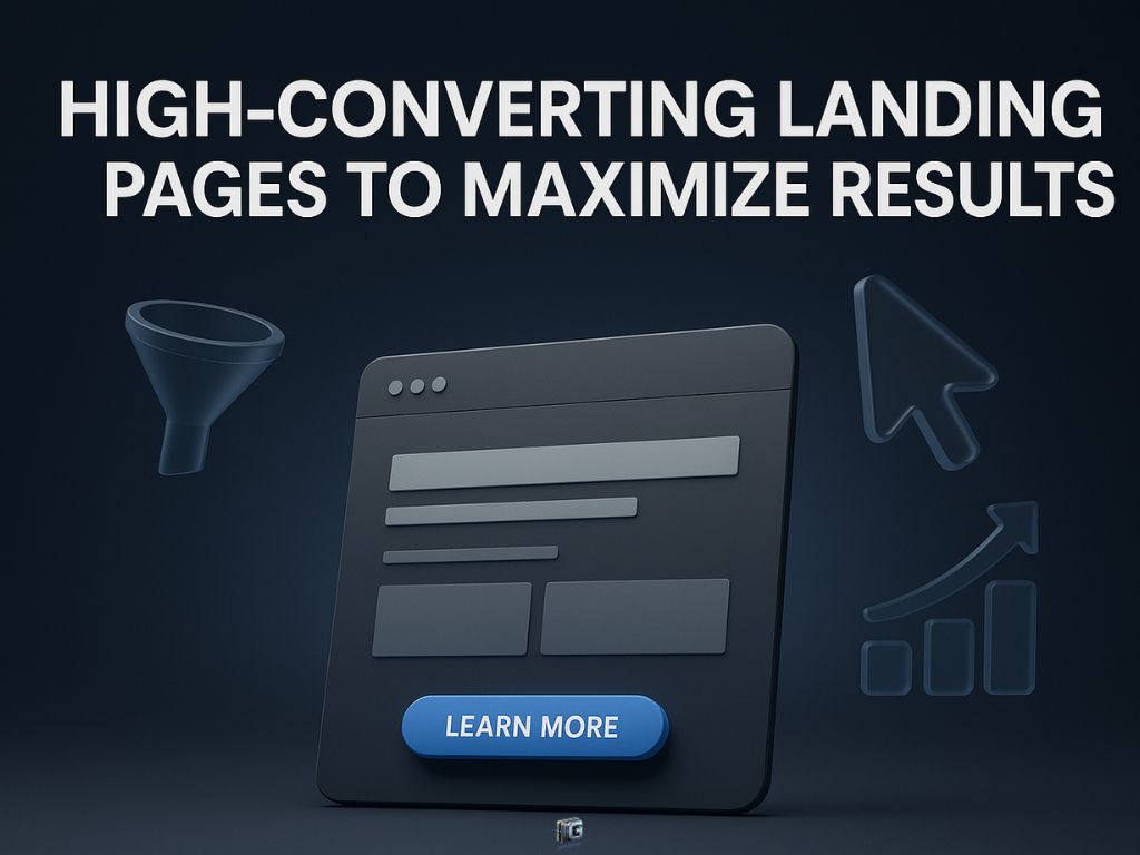 "3D illustration of a landing page layout with a funnel icon, cursor, chart, and 'Learn More' button, representing high-converting landing page strategy."