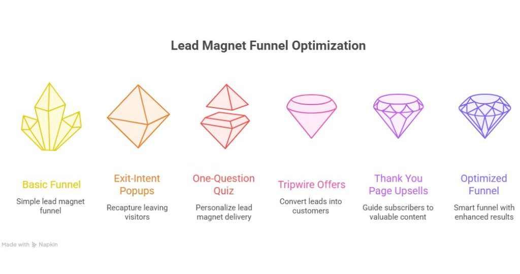 Infographic showing six stages of lead magnet funnel optimization with gem icons, from basic funnel to optimized funnel.
