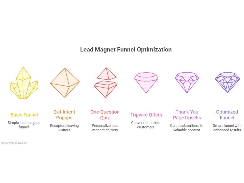 Infographic showing six stages of lead magnet funnel optimization with gem icons, from basic funnel to optimized funnel.