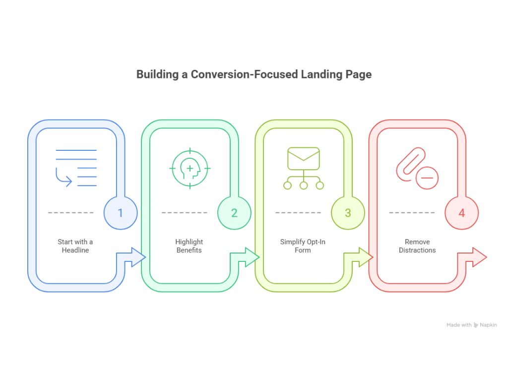 Infographic showing four steps to create a high-converting landing page: headline, benefits, simple form, and no distractions.