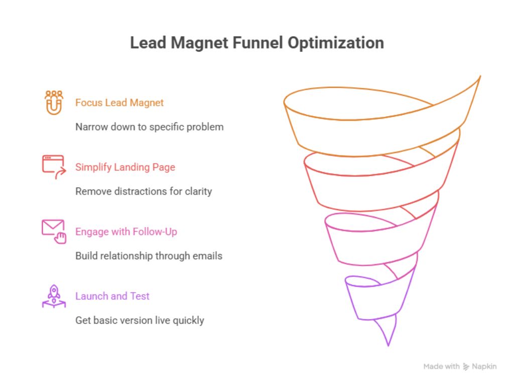 Funnel diagram with four lead magnet optimization steps: focus lead magnet, simplify landing page, follow-up emails, and launch/test.