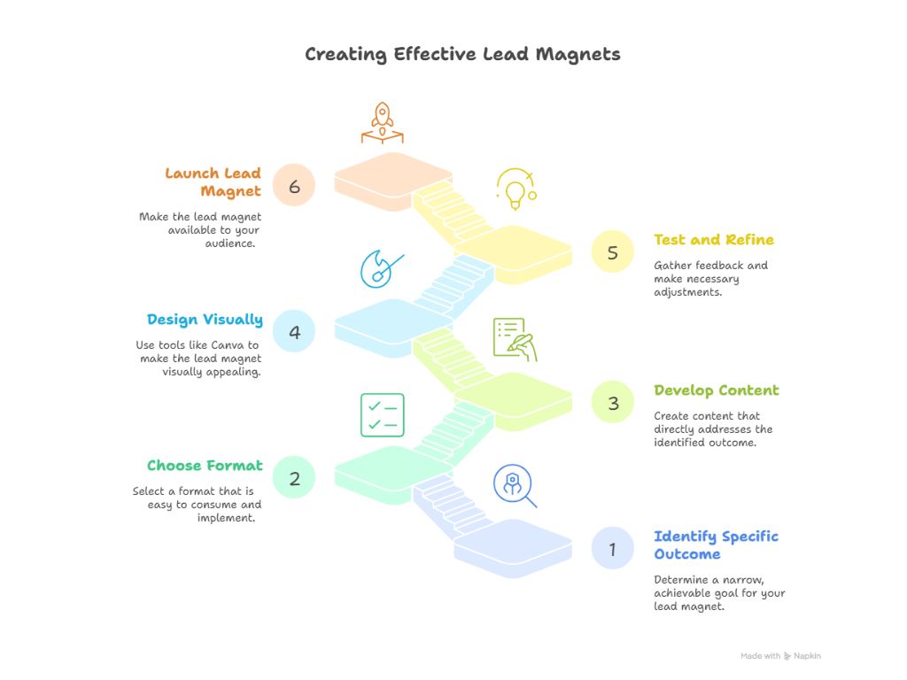 Infographic showing six steps to create effective lead magnets, including goal setting, content development, design, testing, and launch.
