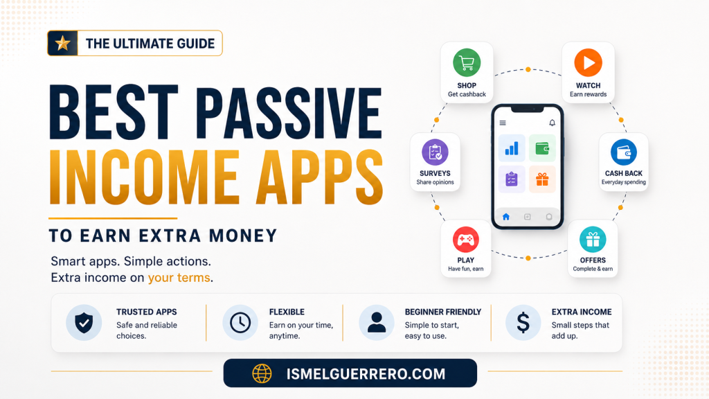 Infographic titled “Best Passive Income Apps to Earn Extra Money” showing a smartphone surrounded by app categories like shop, watch, surveys, cash back, offers, and play, with feature points for trusted apps, flexibility, beginner-friendly use, and extra income.