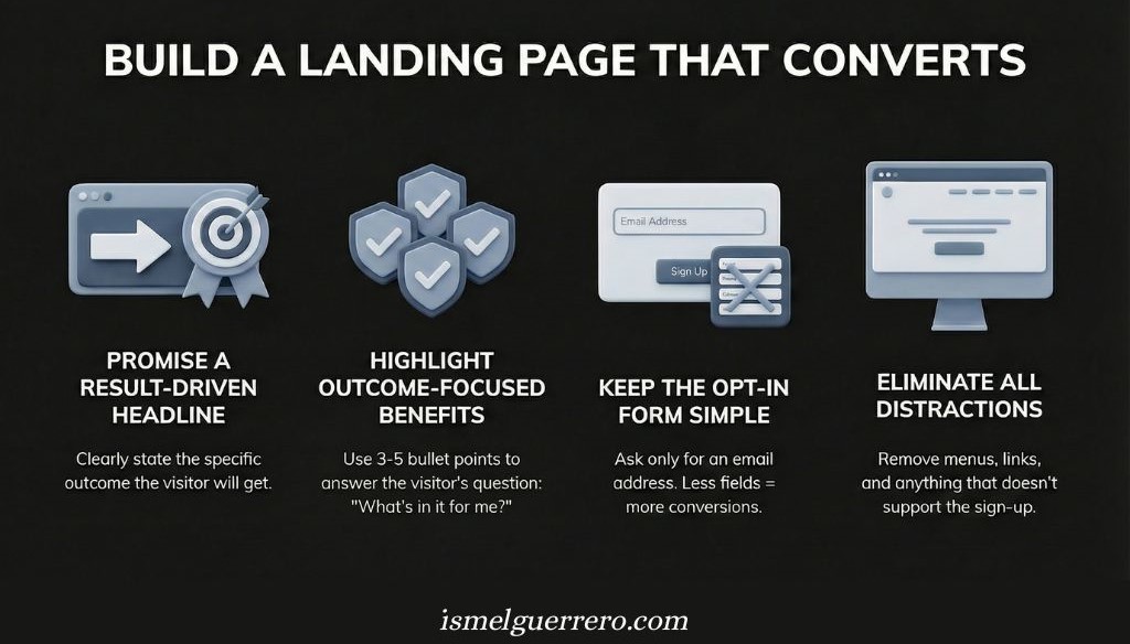 Four-step landing page conversion checklist: strong headline, benefits, simple form, and no distractions.