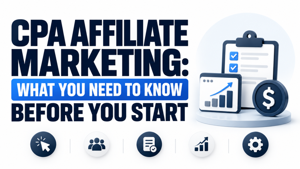 Hero image titled “CPA Affiliate Marketing. What You Need to Know Before You Start” showing a checklist, growth chart, dollar icon, and marketing symbols for learning CPA offer rules, actions, tracking, and campaign basics.