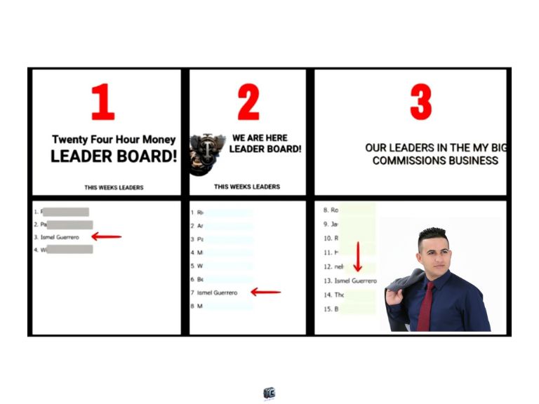Three affiliate leaderboard panels showing Ismel Guerrero ranked among top leaders in different programs, with red arrows pointing to his name.