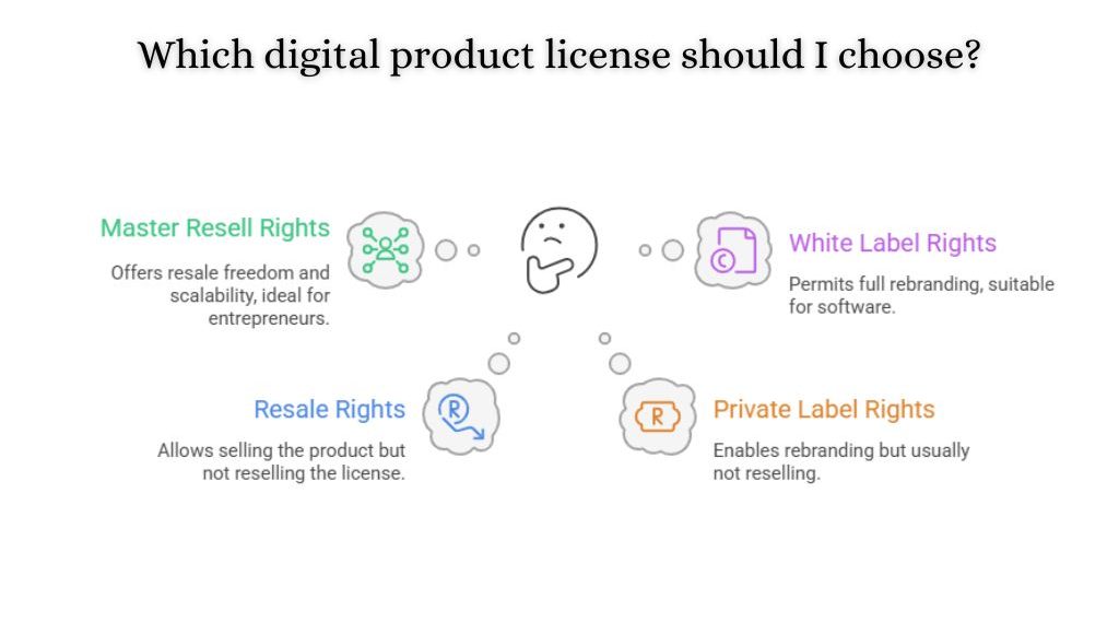 Infographic showing Master Resell Rights, Resale Rights, Private Label Rights, and White Label Rights with icons and descriptions.