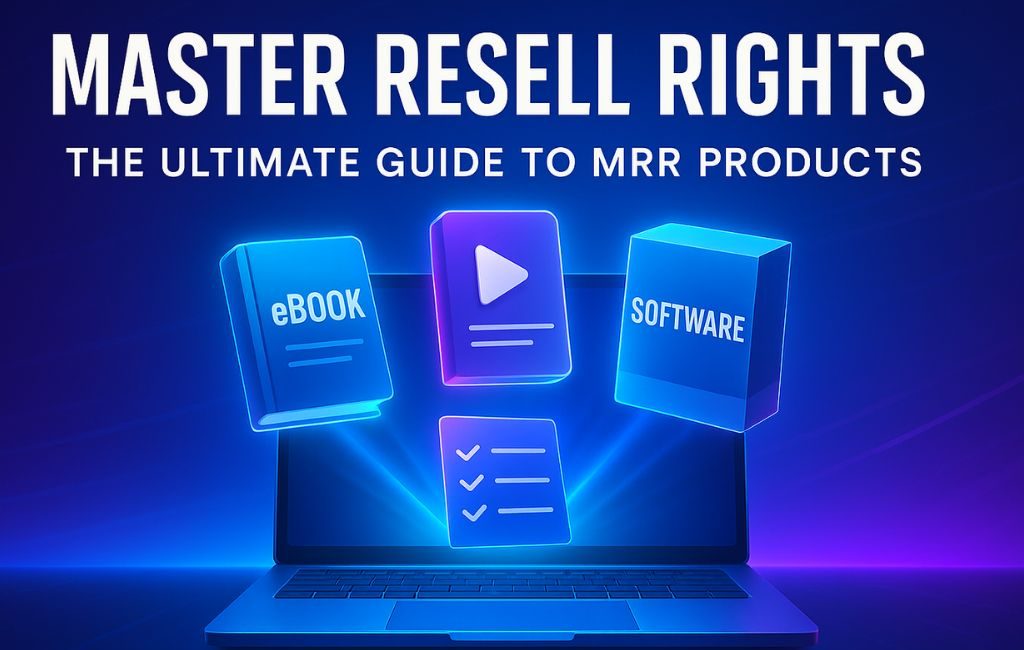 Futuristic laptop image with floating icons for eBook, video, checklist, and software, illustrating Master Resell Rights (MRR) products.
