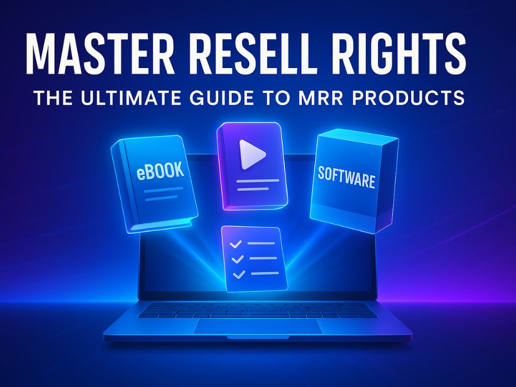 Futuristic laptop image with floating icons for eBook, video, checklist, and software, illustrating Master Resell Rights (MRR) products.