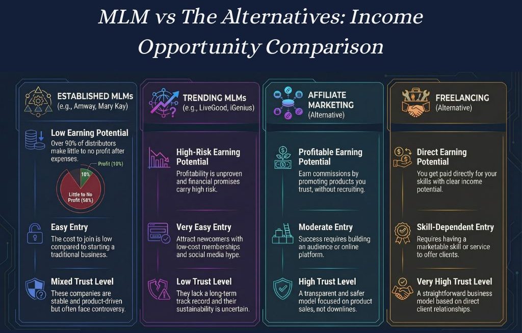 Side-by-side comparison of income potential, entry difficulty, and trust levels for established MLMs, trending MLMs, affiliate marketing, and freelancing.
