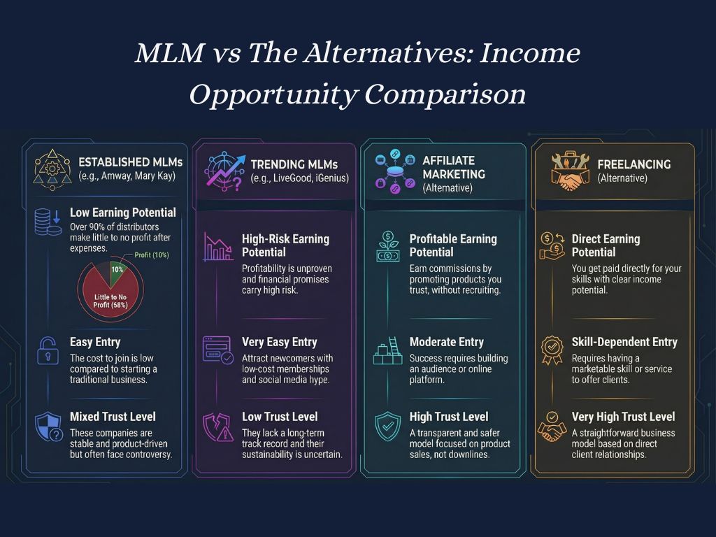 Side-by-side comparison of income potential, entry difficulty, and trust levels for established MLMs, trending MLMs, affiliate marketing, and freelancing.