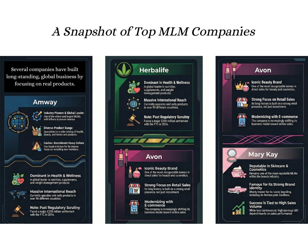 Infographic comparing  the Top MLM companies: Amway, Herbalife, Avon, and Mary Kay based on products, market reach, and business strategies.
