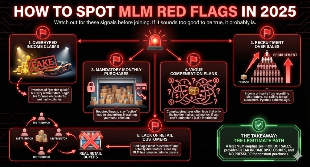 Visual guide showing 5 red flags in MLMs: fake income claims, recruitment focus, required purchases, vague pay plans, and no retail customers. Legit MLMs emphasize products and transparency.