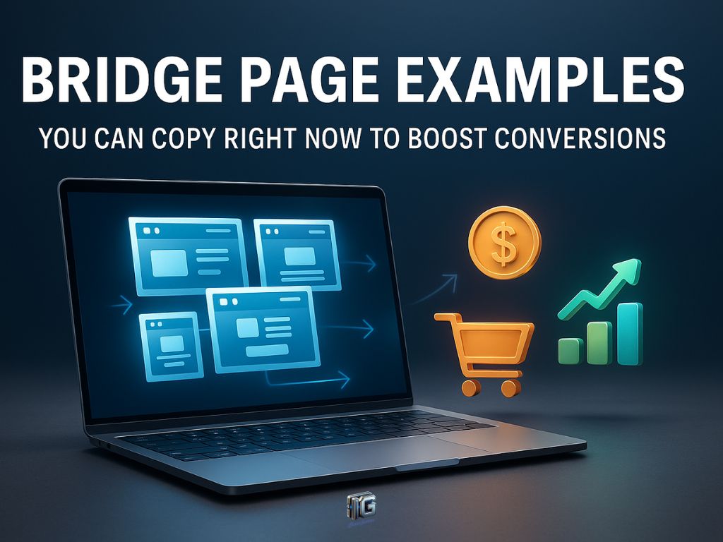 "Laptop with glowing bridge page layouts, leading to dollar sign, shopping cart, and rising chart icons, illustrating bridge page examples to boost conversions."