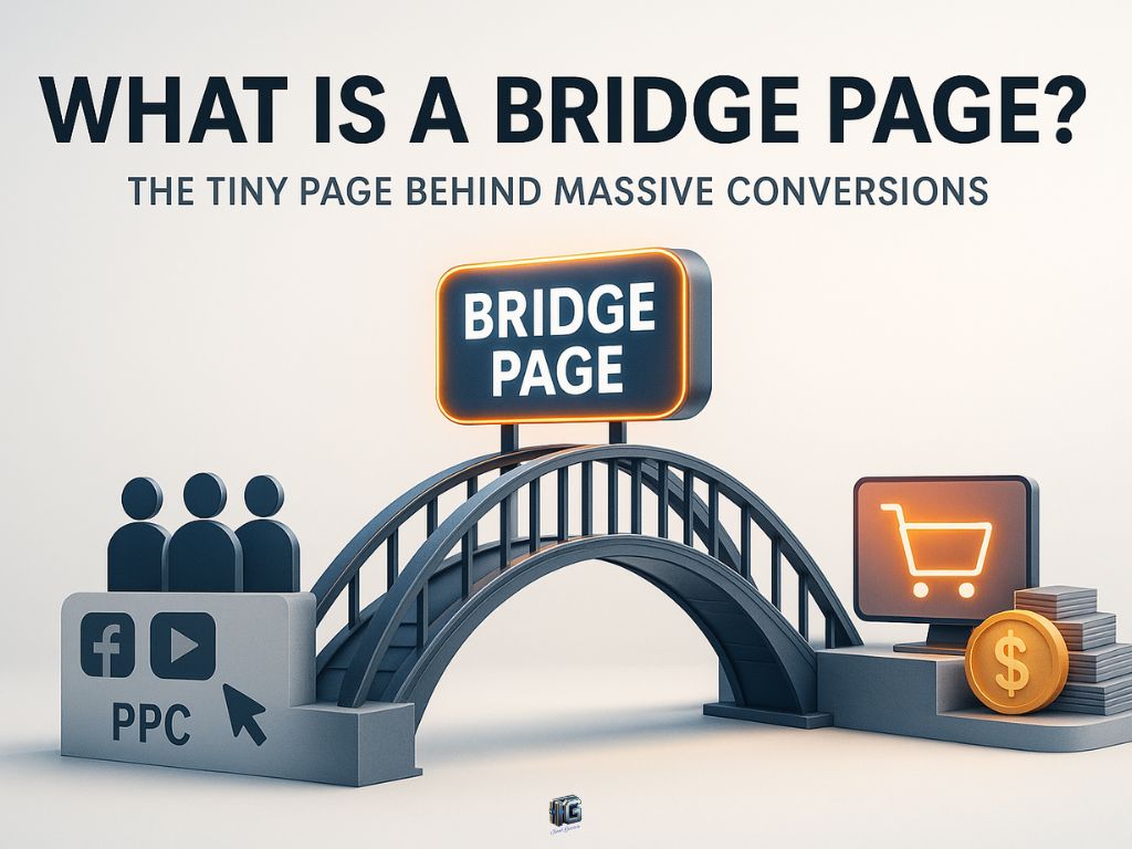 "3D bridge labeled 'Bridge Page' connecting PPC traffic sources like Facebook and YouTube to a shopping cart and coin stack symbolizing conversions."