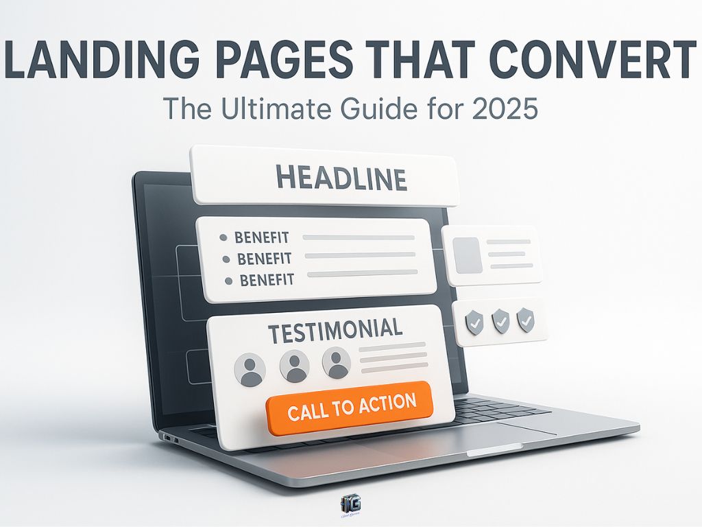 "3D laptop showing landing page elements like headline, benefit bullets, testimonials, and a call-to-action button, representing a high-converting landing page structure."