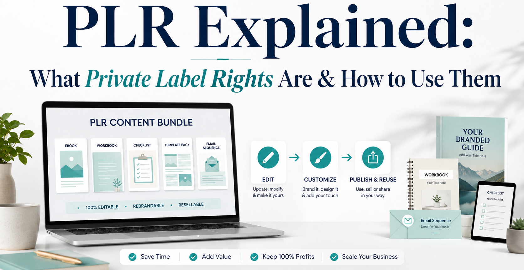 Infographic explaining Private Label Rights, showing a PLR content bundle with ebooks, workbooks, checklists, templates, and email sequences that can be edited, customized, rebranded, published, and reused.
