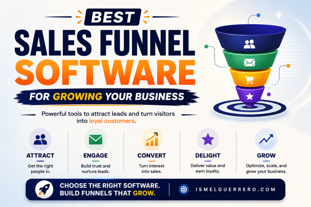 Hero image titled “Best Sales Funnel Software for Growing Your Business” showing a colorful funnel graphic, icons for attract, engage, convert, delight, and grow, and a bottom callout about choosing the right software to build funnels that support business growth.