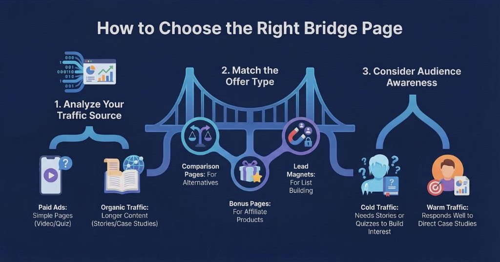 Diagram explaining how to choose a bridge page based on traffic source, offer type, and audience awareness.
