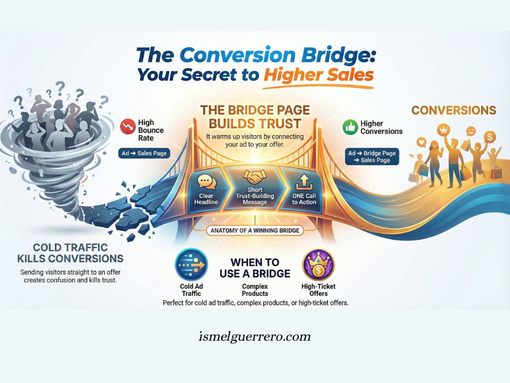 Conversion bridge infographic showing how bridge pages reduce bounce rate and improve conversions using clear headlines, trust-building, and a single CTA.