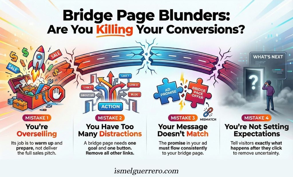Bridge page blunders infographic showing four mistakes: overselling, distractions, message mismatch, and unclear expectations.