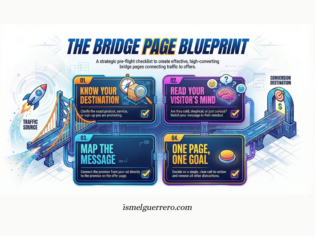 Infographic showing four key steps to create a high-converting bridge page: know your destination, read your visitor’s mind, map the message, and focus on one clear goal.