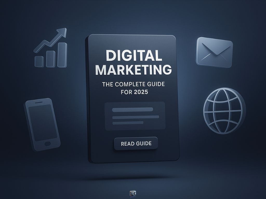 "Dark-themed 3D digital marketing guide for 2025 with icons for mobile, email, web, and analytics, highlighting a modern strategy guide with a Read Guide button."