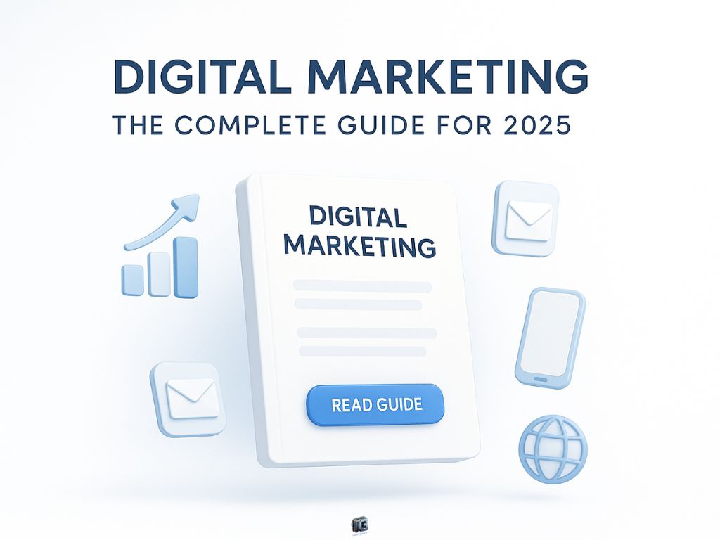 "3D illustration of a digital marketing guide with icons for email, mobile, analytics, and a Read Guide button, promoting a complete digital marketing guide for 2025."