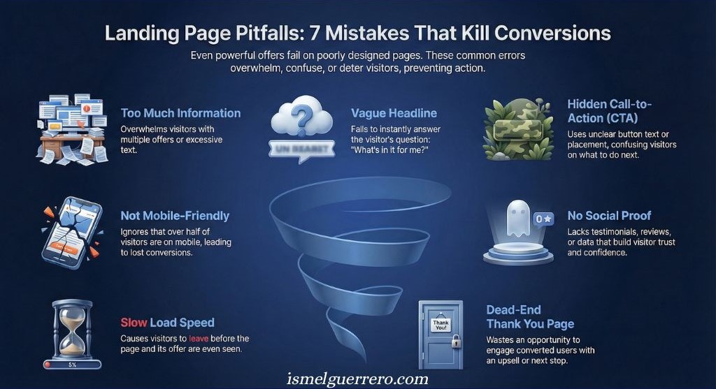 Infographic listing 7 landing page mistakes: too much info, vague headline, hidden CTA, not mobile-friendly, no social proof, slow load speed, and dead-end thank-you page.