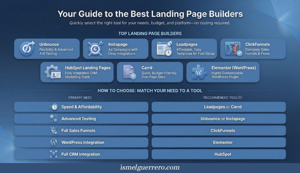 Comparison of top landing page builders including Unbounce, Leadpages, ClickFunnels, HubSpot, Carrd, Instapage, and Elementor, with recommendations based on specific marketing needs.