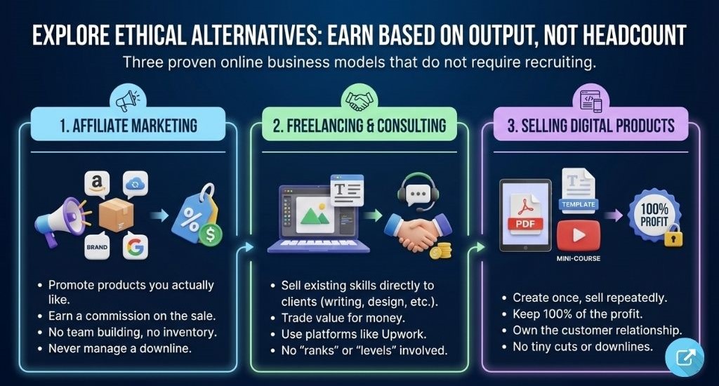 Infographic comparing affiliate marketing, freelancing, and digital product sales as ethical online business models without recruiting.