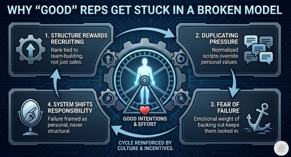 Infographic showing how MLM reps get stuck: recruiting incentives, duplicating pressure, fear of failure, and blame-shifting systems.