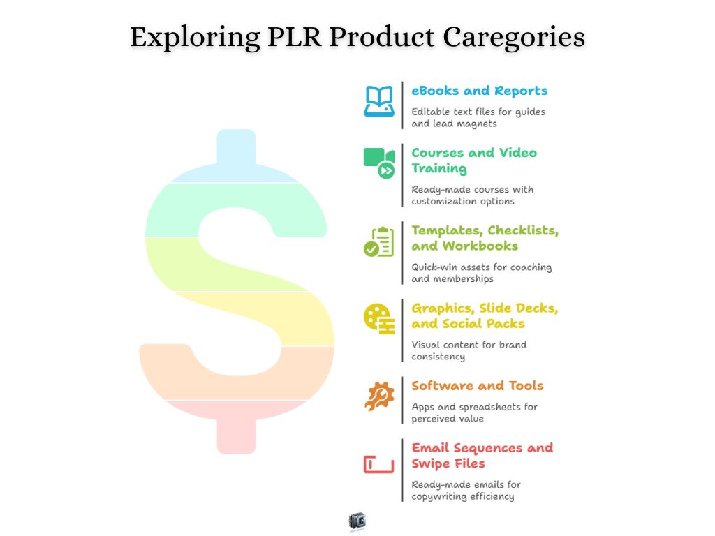 Infographic listing PLR product categories like eBooks, video training, templates, graphics, software tools, and email swipe files, with a large multicolored dollar sign in the background.
