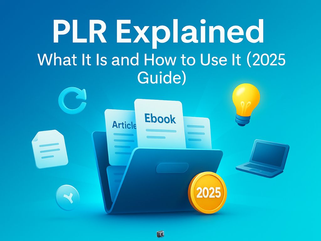 PLR Explained 2025 guide cover image showing a digital folder with ebook and article files, a lightbulb, and icons for content reuse and online publishing.
